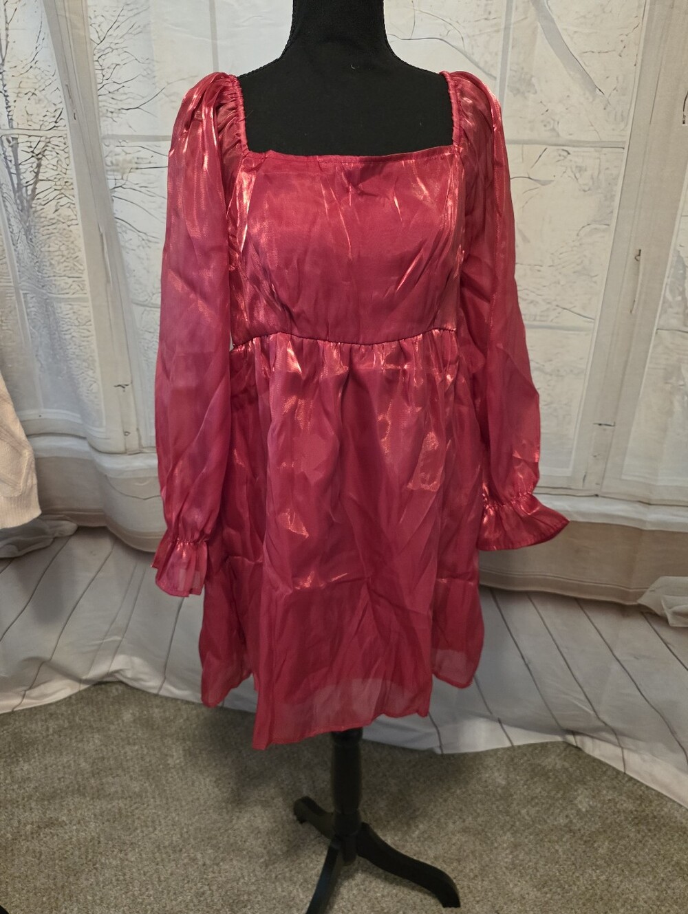 Kohl's Shiny Red Puff Sleeve Square Neck Mini Dress